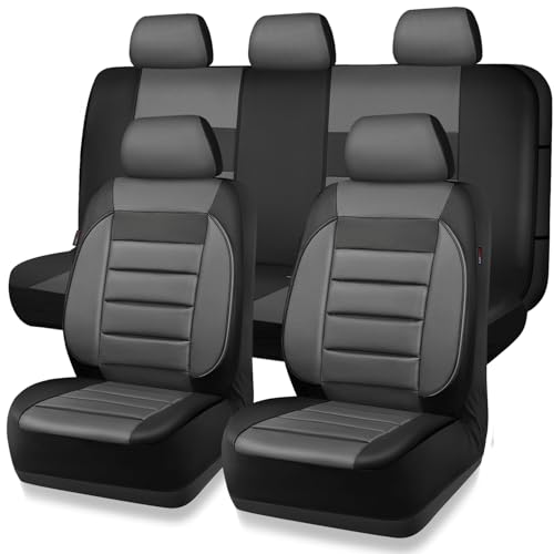 Image of CAR PASS Leather Seat Covers Full Set Universal Water Resistant 3D Foam Back Support, Luxury Comfort Automotive 5 Seat Covers All Season Fit for SUV,Sedan,Van, Airbag Compatible Elegance(Gray Black)