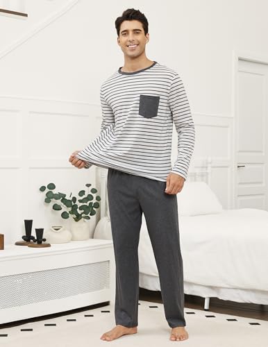 Mens Pajamas Set Stripe Cotton Pajamas for Men with Pockets Soft Loungewear Long Sleeve and Pants Pjs Sets2