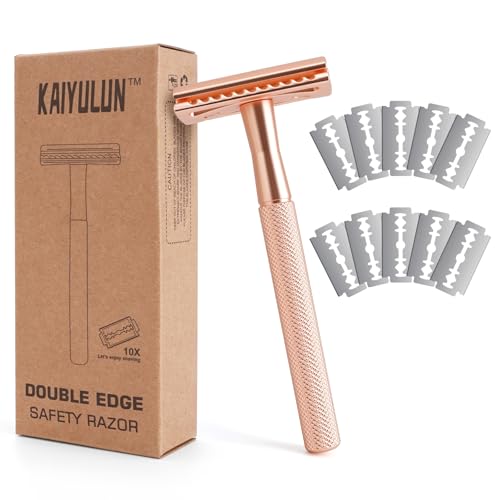 KAIYULUN Safety Razor for Men & Women - Double Edge Single Blade Razor with 10 Blades Reusable One Blade Razor for Close Shave (Mens & Womens Razor Eco-Friendly)-Rose gold