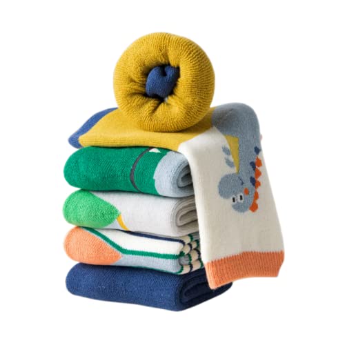 Hadwii 5 Paar Kinder Socken Thermosocken für Mädchen Jungen Dicke Warme Winter Bunte Socken aus Baumwolle Geschenke Wintersocken mit Kreative Tier Cartoon Muster Socken für 9-12 Jahre, Krokodil Cover