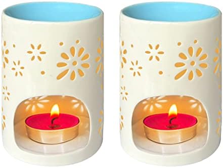Hwagui - Ceramic Tealight Candle Holder and Wax Warmer, Oil Burner and Warmer, Wax Melt Candle Warmer for Scented Oil, Wax Burner Essential Oil Burner, Tealight Holder Wax Warmer Set of 2, Blue