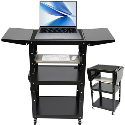 TTeralmon Black Steel AV Cart with Wheels & Power Strip Height Adjustable Rolling Computer Cart w/Folding Drop Leaves Media Cart Projector Cart, 300 LBs, 24 * 18 * 41.75in