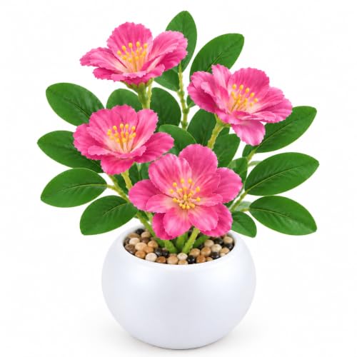 Image of CURATED CART Artificial Flowers with Pot & Decorative Pebbles for Home Decor, Small Size Faux Flowering Artificial Plants for Living Room Decor, Fake Flower vase for Bedroom, Office & Table Decor