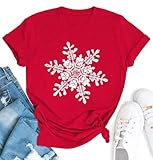 Christmas T Shirts for Women Cute Novelty Snowflake Graphic Shirt Funny Trendy Frozen Printed Tees 2024 Red Christmas Holiday Tops Blouse, Red Small