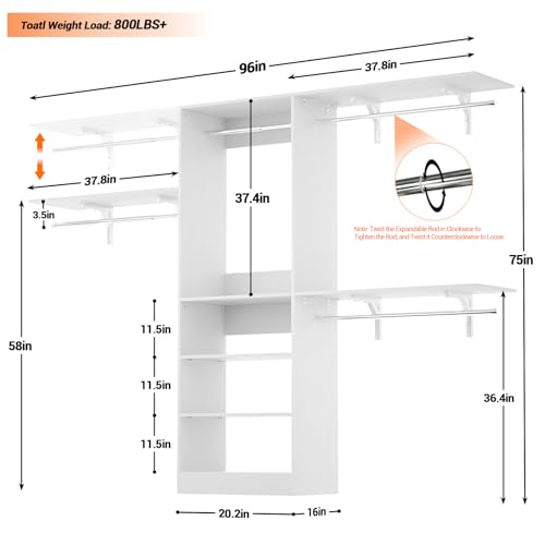 Armocity 96'' Closet System, 8FT Walk In Closet Organizer with 3 Shelving Towers, Heavy Duty Bedroom Wardrobe with 5 Shelves, Wall Mounted Clothes Rack (Can Be Cut To Fit), 96"L x 16"W x 75"H, White