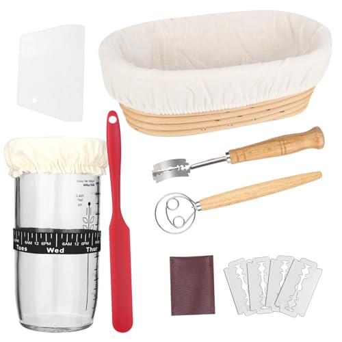 DMJJSD Cesta de fermentación, cesta de fermentación ovalada, 24 oz, tarro de iniciación de masa madre con fecha marcada con fecha, cesta de pan, kit de iniciación de masa madre, juego de iniciación