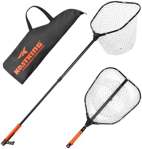 KastKing Brutus Fishing Net with Boat Hook, Foldable, Extendable, Lightweight & Strong Fish Landing Net, Non-Slip & Bright Orange TPR Handle, Fishing Gift for Men