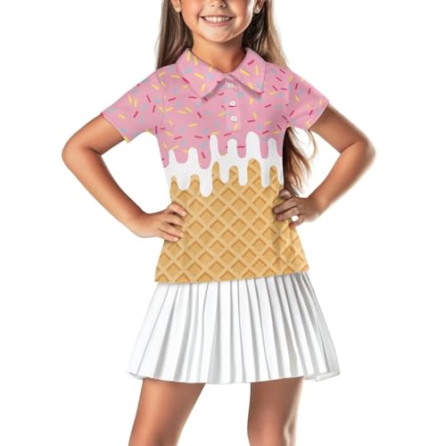 Psaytomey Girls Short Sleeve Golf Shirts Pink Ice Cream Button Up V Neck Lapel Collar Tennis Shirts Golf Clothes Soft Quick Dry Athletic Tank Tops Summer Activewear