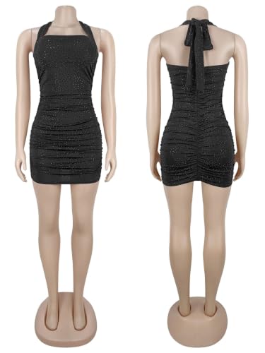 Image of Figdaw Women Sparkle Rhinestone Halter Bodycon Mini Dress