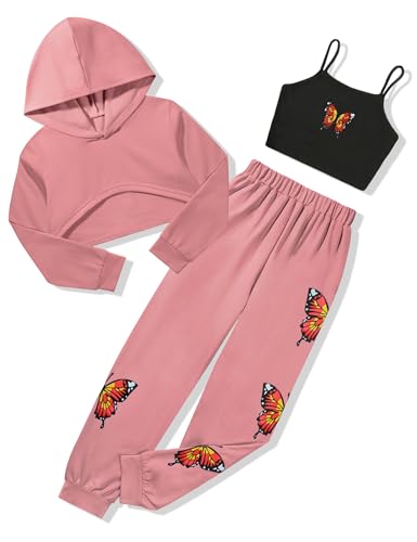 Gaupafmb girls clothes sweatsuit 3PCs solid color Hoodie Butterfly Print Sweatshirt Cami crop tops for kids with sweatpants girls size 10 clothes