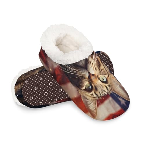 4th Of July American Flag Cat House Slippers for Women Men, Fuzzy Warm Slippers Non Slip Foam Slipper Socks