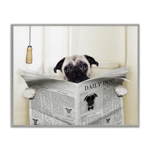'Pug Reading Newspaper in Bathroom'| Framed Giclee Art