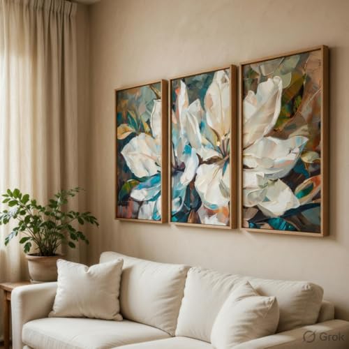 Image of Livin'luxe Abstract Floral Wall Painting Set of 3 with Wooden Frames | Modern White Flower Artwork HD Sparkle Laminated MDF Wall Decor | Contemporary Floral Wall Art for Living Room Bedroom