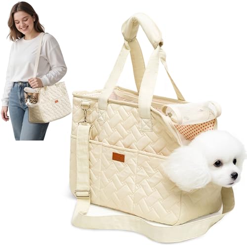 ALLSOPETS Transportín para Gatos y Perros Pequeños, Bolso de Mano Plegable con Correa de Seguridad Ajustable, Accesorios de Viaje para Mascotas para Viaje (Blanco Cremoso, S)