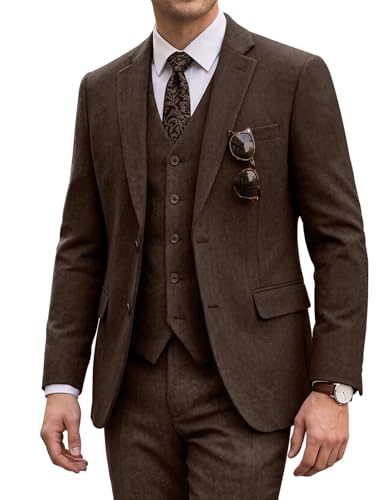 3 Pieces Mens Tweed Suit Slim Fit Wedding Suits Grooms Prom Brown Herringbone Suit for Men Tuxedos Set Dark Brown 3XL