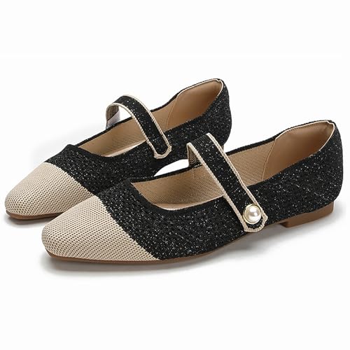 Women's Knitted Cap Toe Mary Jane Shoes,Comfortable Square Toe Arch Support Walking Shoes Soft Sole Strappy Mesh Office Work Dress Shoes Elegant Ballets Flats