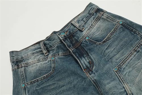 Men’s Ripped Double Knee Jeans, Washed Distressed, Loose Straight Wide Leg Spliced Denim Pants4