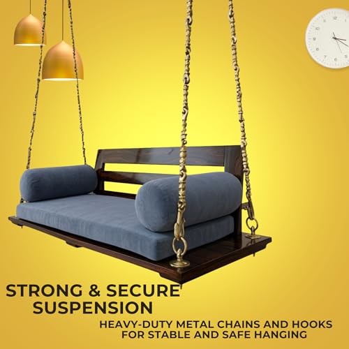 Image of APRODZ Swing for Home Reversible Sheesham Wooden Jhula for Adult for Home | Wooden Swing for Balcony | Hanging Swings with Brass Coated Chain | Patio Double Seater Indoor /Outdoor Swing, 132 x 55cm