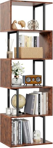 6-Tier Bookshelf, Tall S-Shaped Geometric Bookcase, Industrial Display Standing Shelf, Wood and Metal Decorative Room Divider for Bedroom, Living Room, Office, Rustic Brown