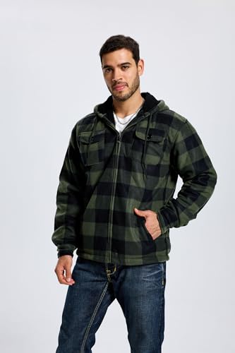 Image of TanBridge Men's Cotton Plaid Shirts Jacket Full Zip Fleece Flannel Sherpa Lined Hoodies Heavyweight Hoodies Jacket for Men