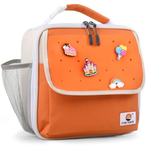CaCTOUR Lunch Box Kids,Fun Color Lunch Box for Girls,Large Soft Cooler Lunch Bag for Kids,Back to School Thermal Insulated Lunch Tote Bag for School Daycare Outdoor (Orange Beige)