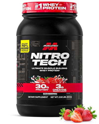 Image of Muscletech Whey Protein Powder (Strawberry, 2.2 Pound) - Nitro-Tech Ultimate Muscle Building Formula with Whey Protein Isolate - 30g of Protein, 3g of Creatine & 6.8g of BCAA - Packaging May Vary