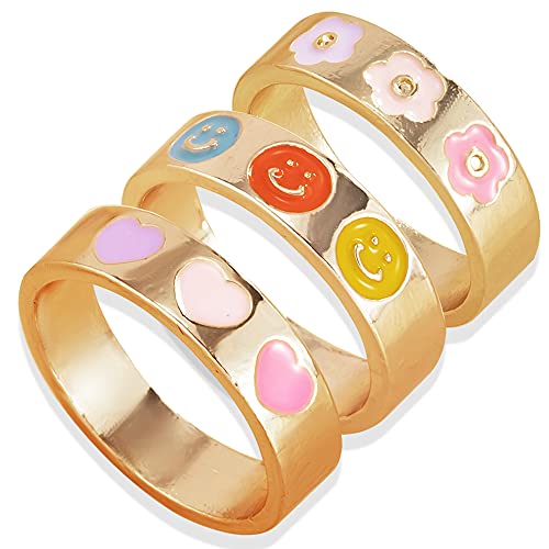 YWDREAM 3PCS Enamel Smiley Ring Enamel Colorful Rings Cute Rings for Women (3Pcs))