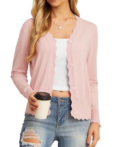GRECERELLE Women's Long Sleeve V-Neck Button Down Cardigan Knit Shrug Sweater(Light Pink, Large)