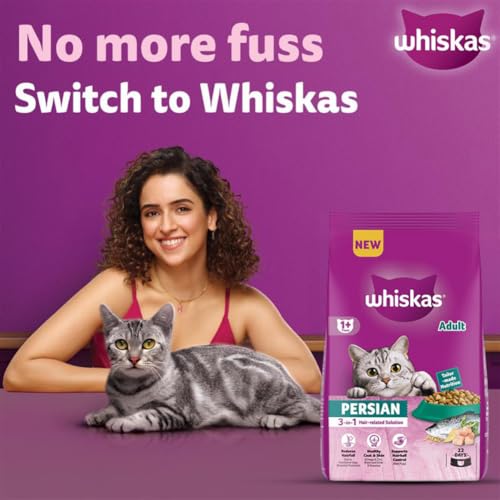 Image of Whiskas Persian Adult (1+ Years) Dry Cat Food, 6.8kg, 100% Complete & Balanced Tailor Made Nutrition, Reduces Hairfall, for Healthy Coat & Skin