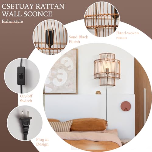 Image of Farmhouse Rattan Wall Sconce, Plug-in Wall Lamp Black Finish with Boho Woven Wicker Shade for Vanity, Stairway, Fireplace, Bedside, Passway, Hallway, Living Room