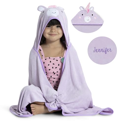 Image of Delta Children Personalized Kids Hooded Bath Towel with Pockets - Super Soft and Absorbent- Great Gift for Boys and Girls, Light Purple Unicorn