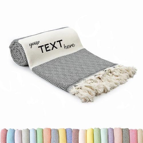 Turkish Beach Towel, Personalized Gifts, Oversized Lighweight Yoga Blanket, Travel Friendly, Custom Embroidered Bath Towels for Kids and Adults (Black)