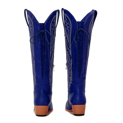 Image of Uillnoodu Wide Calf Cowboy Boots Women Adjustable Lace Up Knee High Tall Plus Size Cowgirl Boots Western Style Comfortable 2-Inch Heel