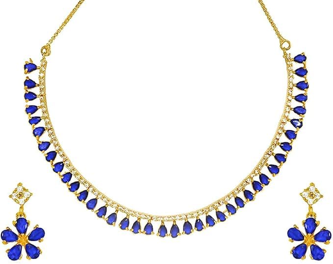 Embroidered Jewellery Set for Women, Gold Plated Necklace, Pearl and Turquoise Earrings (Blue) (B0D9LM1D8Z) Amazon Price History, Amazon Price Tracker
