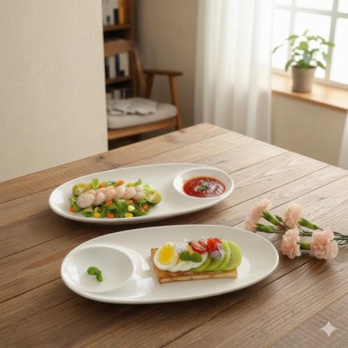 Image of Elegant Oval Melamine Serving Platter with Integrated Sauce Well 13 Inch Set of 1, Chip-Resistant White Appetizer Dish for French Fries, Sushi, and Dumplings
