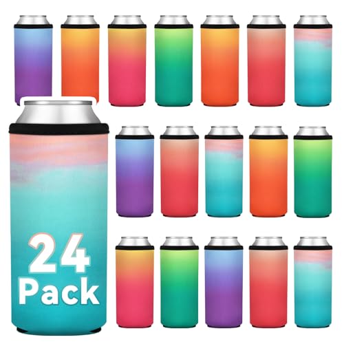 24 Pack Insulated Slim Can Cooler Sleeves, Sublimation Neoprene Iced Drink Holder for Cold Beer or Soda, 12oz Skinny Tall Beverage covers for Summer Parties, Wedding Supplies(Gradient Set)
