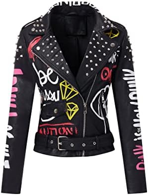 RISISSIDA Women Faux Leather Studded Moto Jacket Belted Short Streetwear