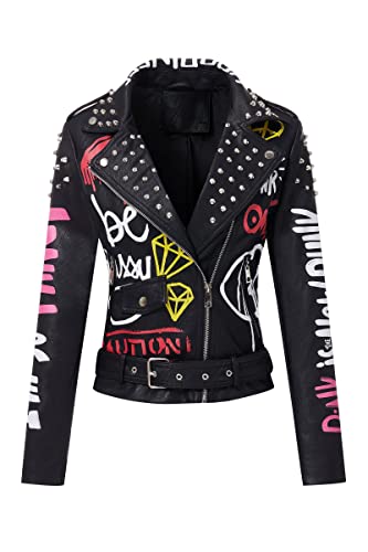 RISISSIDA Women Faux Leather Jacket Studded Rivet Spring Fall Win...