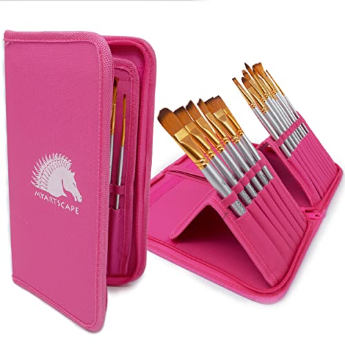 MyArtscape Paint Brushes - 15 Pc Art Brush Set for Watercolor, Acrylic, Oil & Face Painting | Short Handle Artist Paintbrushes with Travel Holder | 1 Year Warranty (Hot Pink)