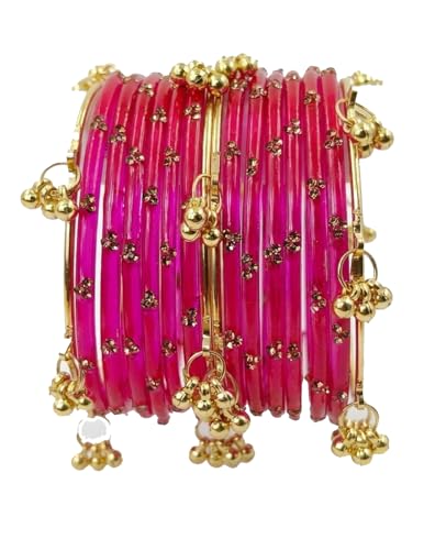 Image of NMII Viral Multi Colour Glass Bangles with Golden Ghungroo Charms & Stone Work For Women & Girls | Fancy Designer Glass Bangle | Traditional Chudi | Kanch Ki Churi | Stylish Ghungroo Bangle For Women