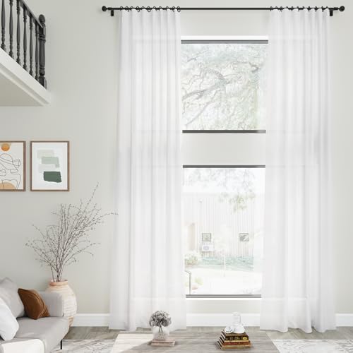 Image of Nanspring White Extra Long Curtains 2 Panels Set 128 Inches Long for Dinning Room Back Tab Rod Pocket Light Filtering Semi Sheer Drapes Linen Textured Window Curtain for Bedroom 52x128