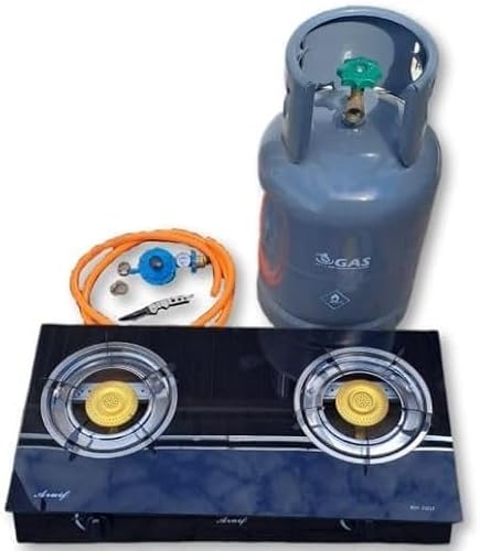 2 Plate Gas Burner Stove with LPG Cylinder, Regulator and Hose, Glass Top, 2 Burners
