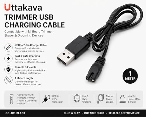 Image of model (XXQ01HM) Trimmer USB Charging Cable Compatible with Mi Beard Trimmer, Shaver & Grooming Devices | USB to 2-Pin Charger Cable | Fast & Safe Charging | Black | 1 Meter