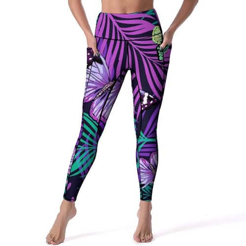 Legging yoga violet papillon taille haute anti-glissement gym et fitness