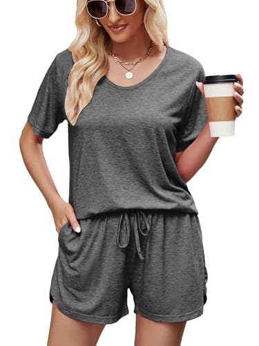 Image of MOYEE Womens Pajama Sets Soft Short Sleeve Shirt and Shorts 2 Pieces Lounge Outfit Sets with Pockets