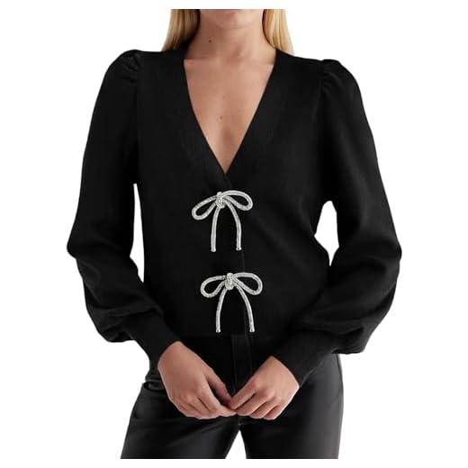 Saodimallsu Womens Puff Long Sleeve Sweaters V Neck Cropped Bow Button Front Cozy Knit Cardigan Sweater Tops Black, Large