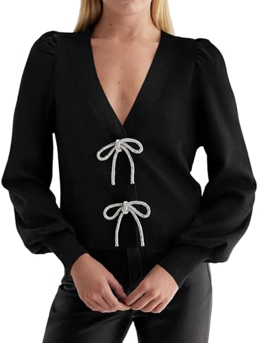 Image of Saodimallsu Womens Puff Long Sleeve Sweaters V Neck Cropped Bow Button Front Cozy Knit Cardigan Sweater Tops Black, Large