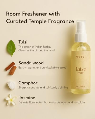 Image of ABODE Tatva Room Freshener Spray | Temple Fragrance | Sandalwood, Tulsi, Camphor & Jasmine Blend | Non-Toxic | Best Room Freshener |100ml /3.3 Oz