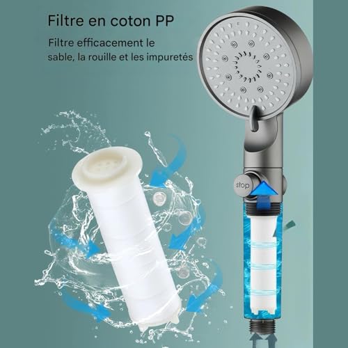 Pomme de douche 5 modes avec flexible et support anti-calcaire - 7