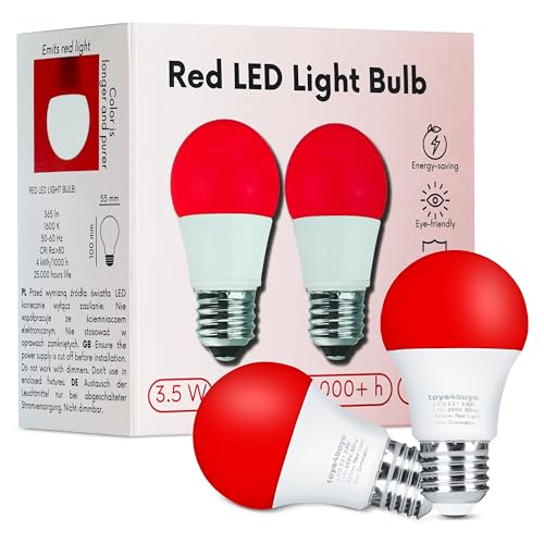 Toys4Boys Roja Bombilla LED E27 Pack de 2   Crea Calma con Luz Roja Nocturna Melatonina   LED Bombilla E27 Amigable con Los Ojos   Iluminación Cálida Sin Parpadeo 3.5 W